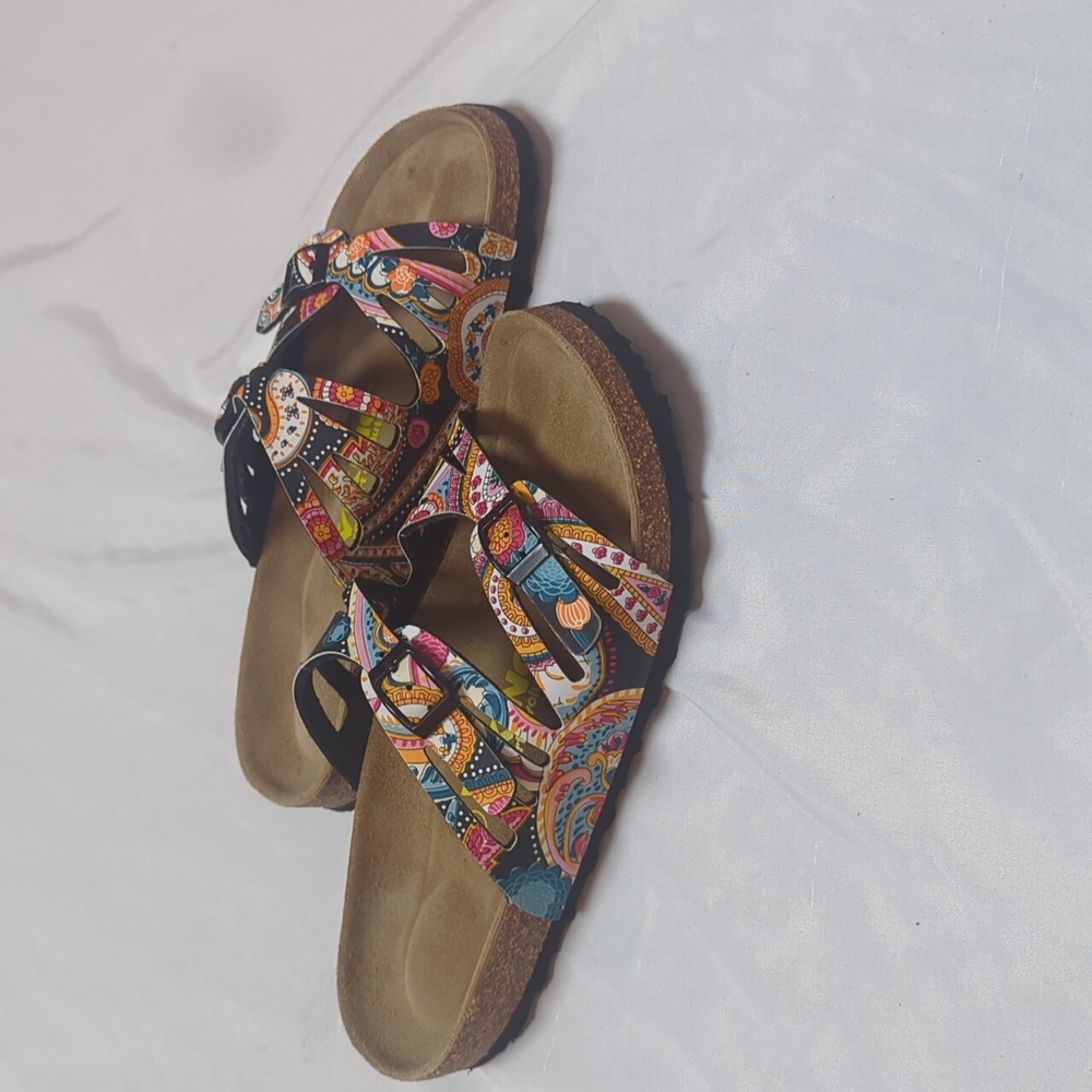 Viking Two Buckle Cut Out Slide Brama Comfort Cork Sandals in Black Paisley